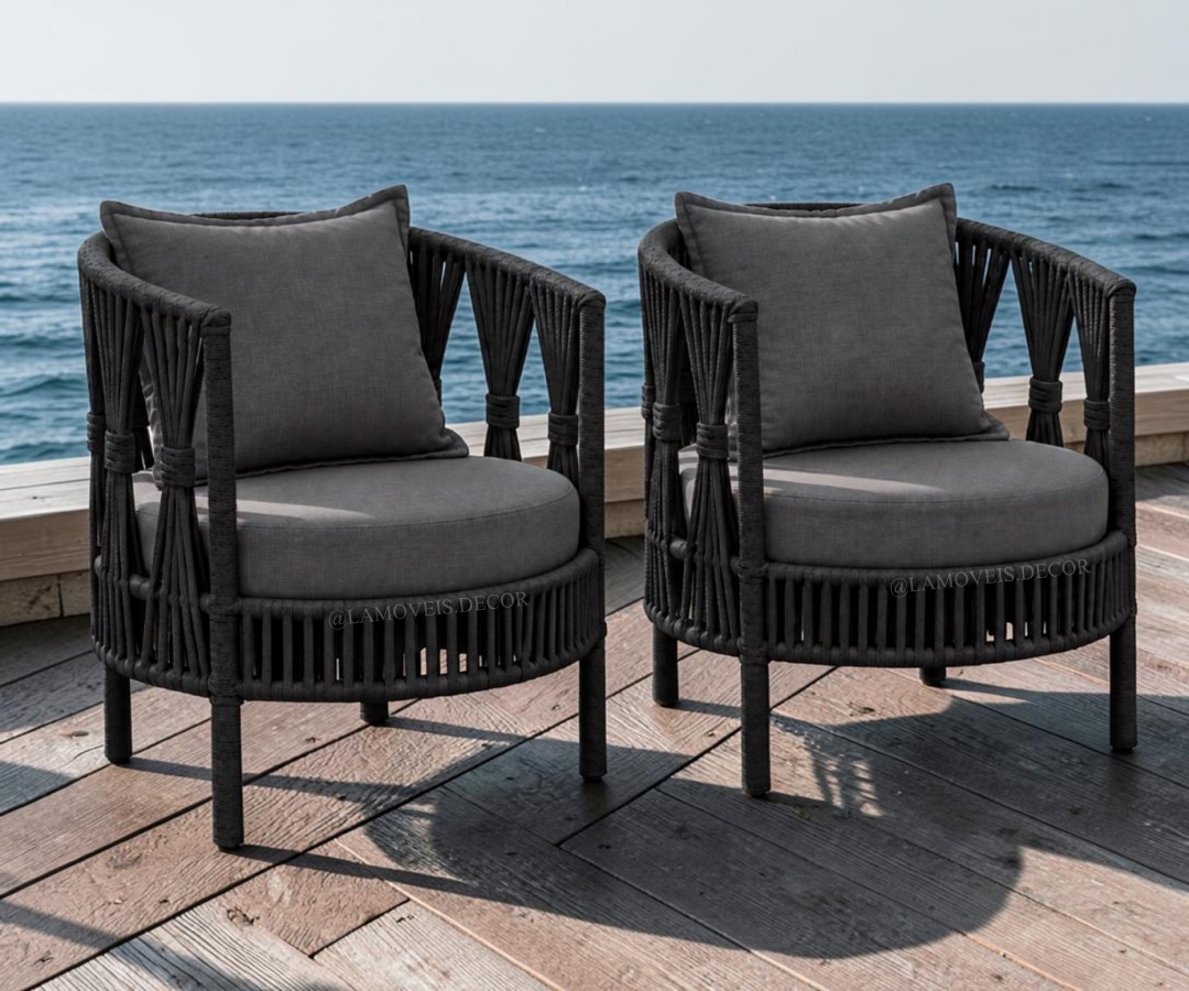 Conjunto Iris com poltronas em tricô náutico e almofadas